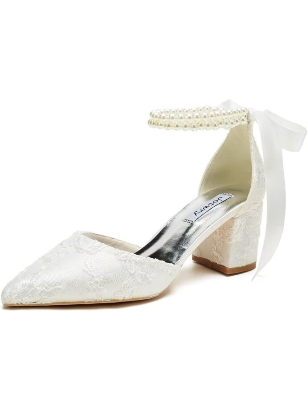 Women's Ivory Lace Bride Block Heel Pointed Toe Imported Wedding Shoes